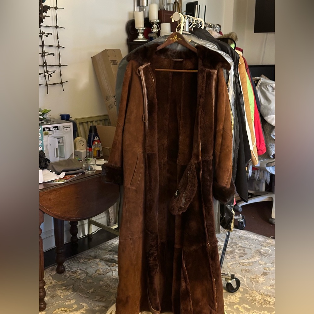 Chocolate suede shearling long coat, size Lg